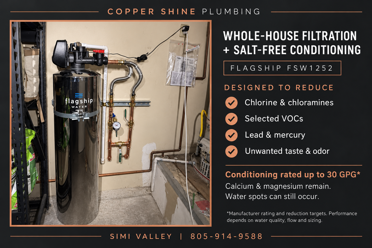 Flagship FSW1252 filtration and salt-free conditioning system installed by Copper Shine Plumbing in Simi Valley, with manufacturer-listed reduction targets.