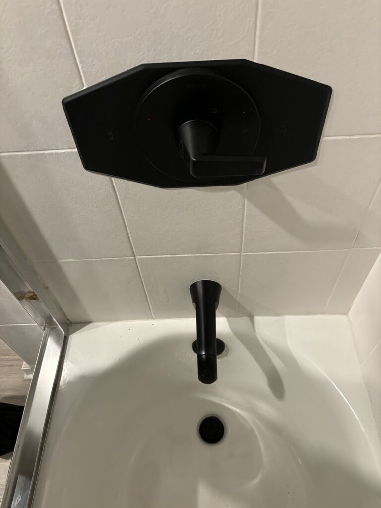Modern black tub and shower fixture installation