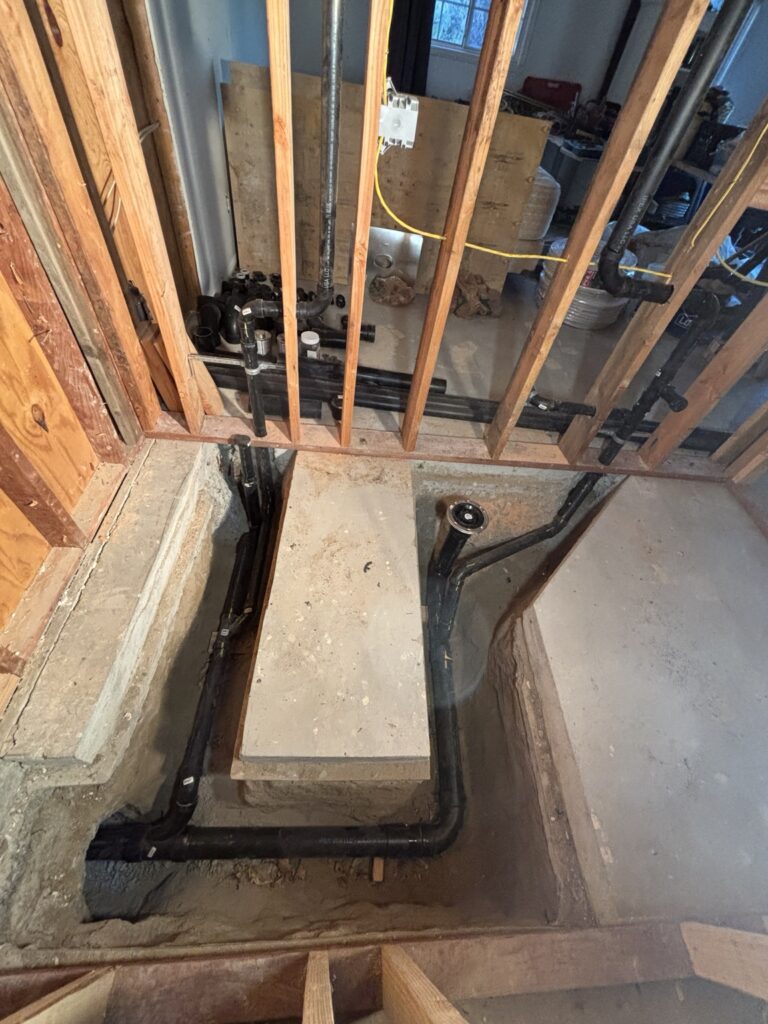 Shower drain and plumbing rough-in during renovation