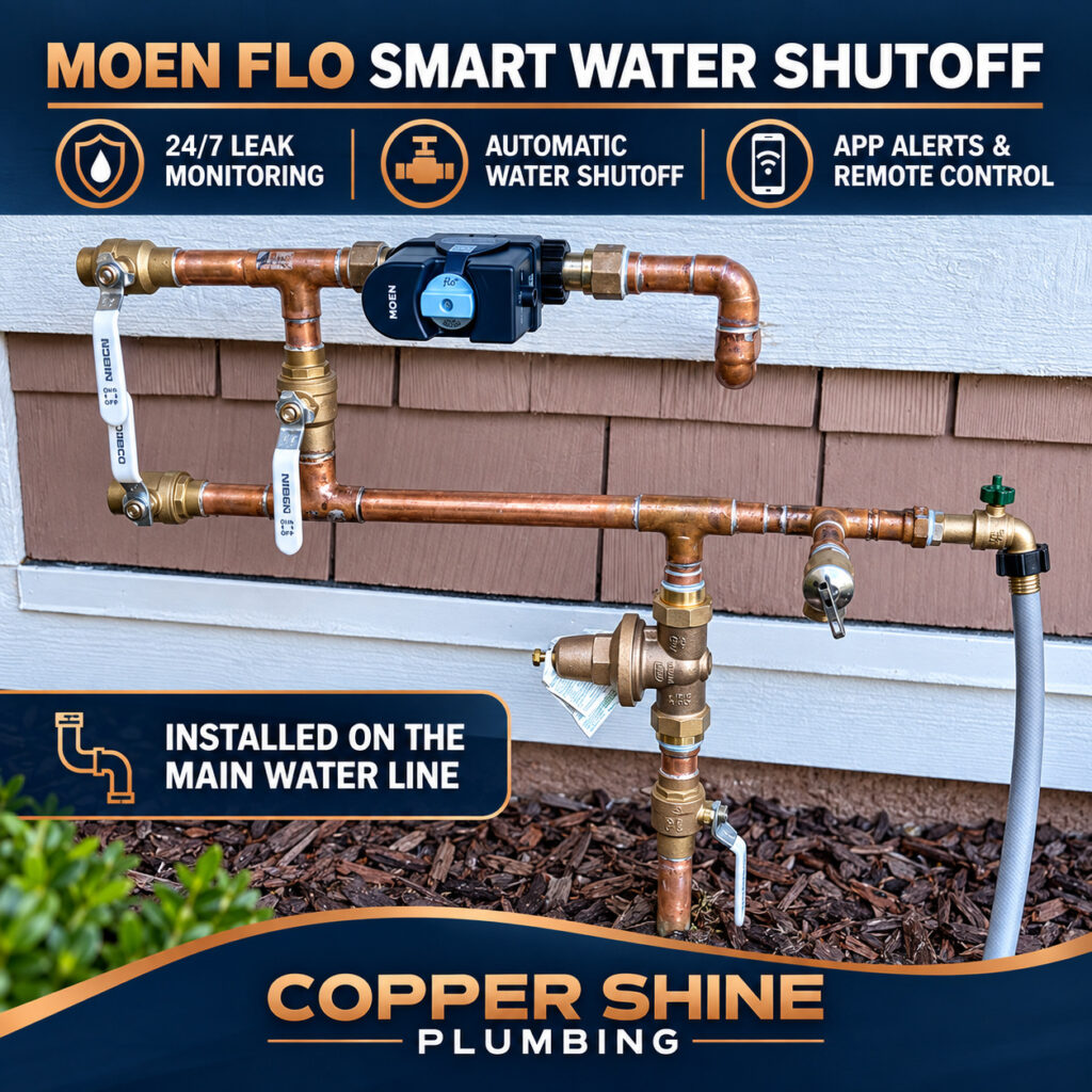 Moen Flo automatic water shutoff installed on a home's main water line in Simi Valley