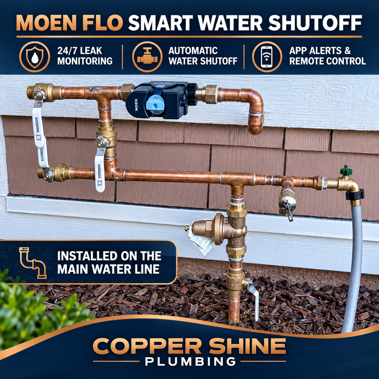 Moen Flo smart water shutoff installed on a residential main water line by Copper Shine Plumbing