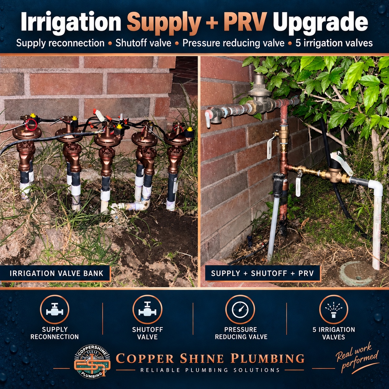 Copper Shine Plumbing Porter Ranch irrigation supply and PRV upgrade showing five replacement irrigation valves and an accessible shutoff