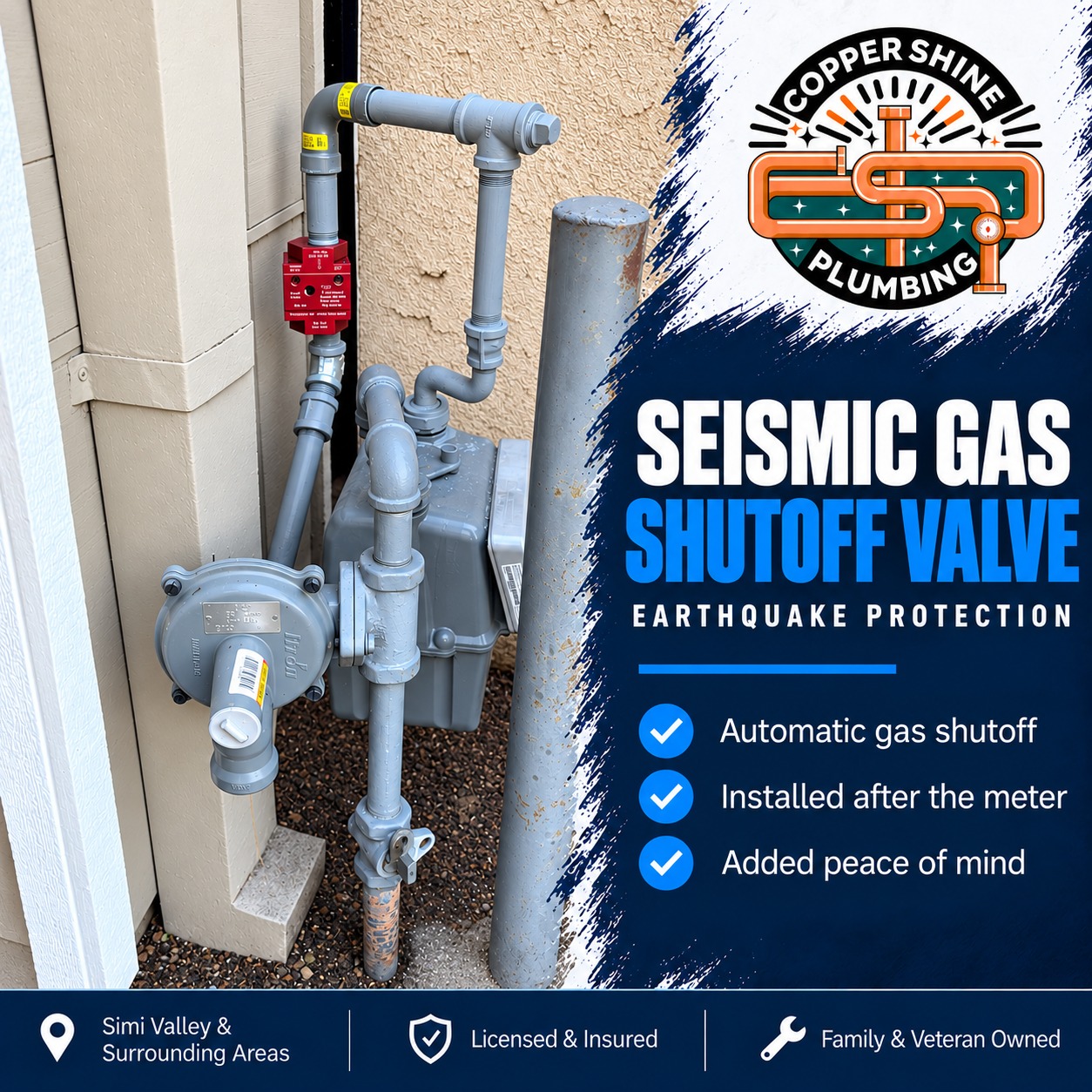 Seismic gas shutoff valve installed after a residential gas meter by Copper Shine Plumbing